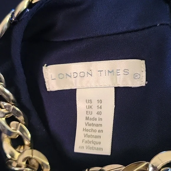 London Times navy blue sleeveless fit&flare dress silver metal neckchain 10 …EUC - Picture 6 of 7